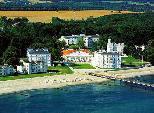 Mecklenburg-Vorpommern with its beaches at the Baltic Sea has many seside resorts, like the pictured Grand Hotel Heiligendamm, built between 1793 and 1870