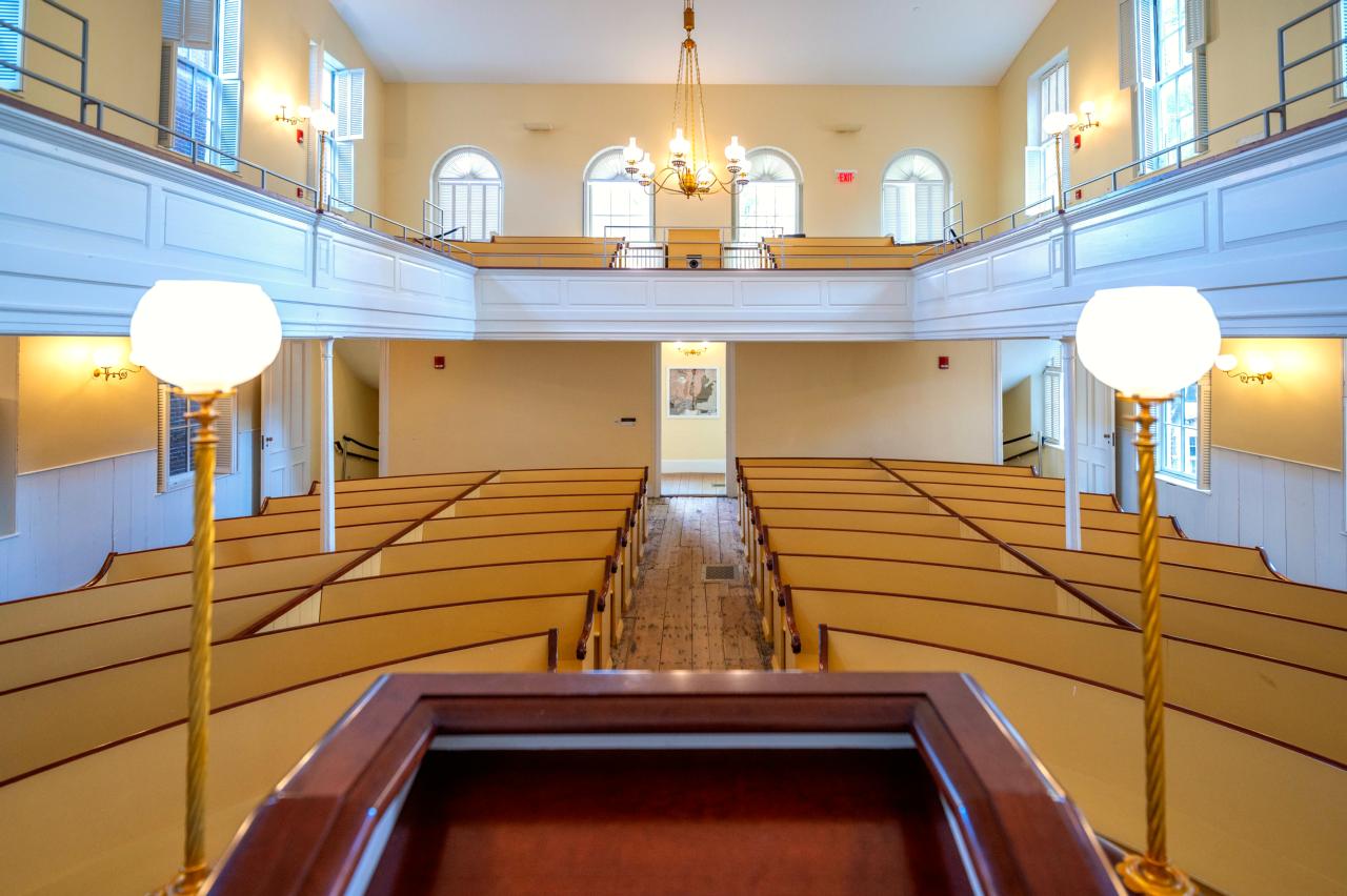 View from the pulpit at the African Meeting House, which has rows of benches and an upper gallery