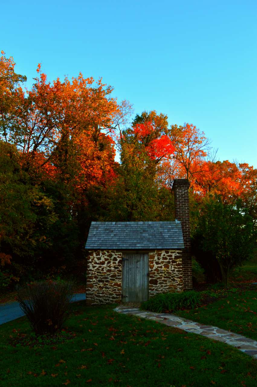 A tiny stone cabin surrounded by fall foliage