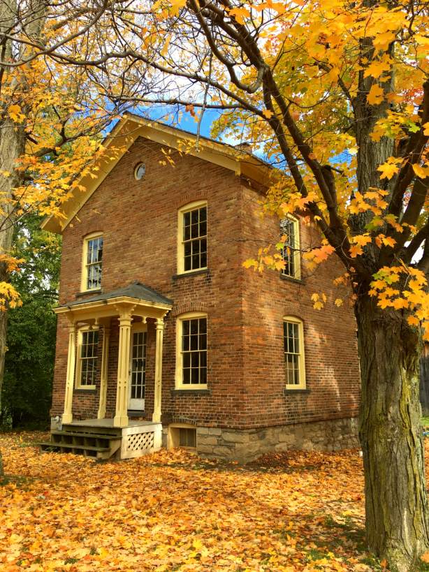 Brick building surrounded by autumn trees