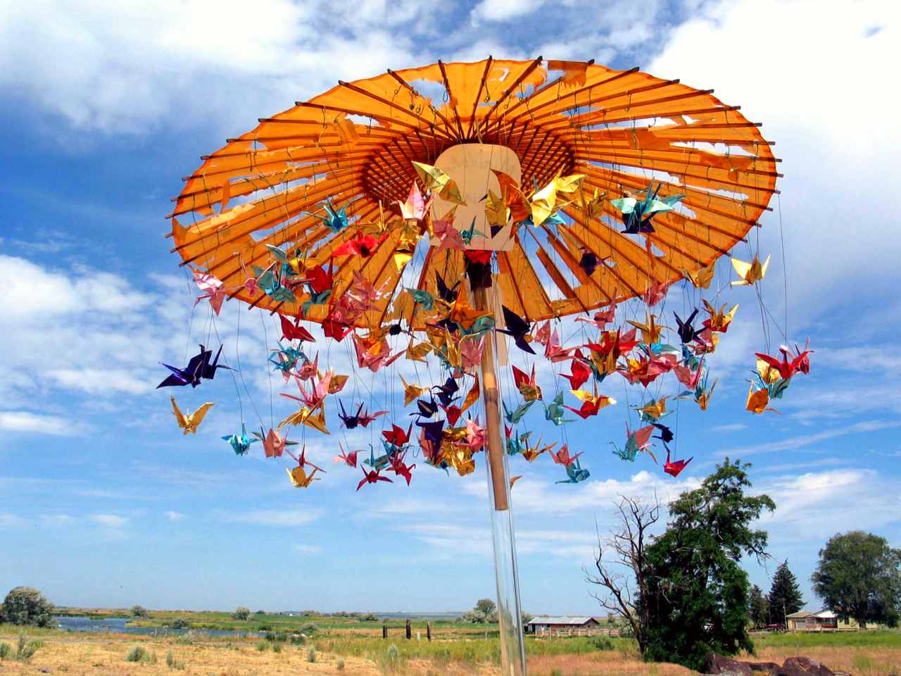 Origami cranes twirl on carousel