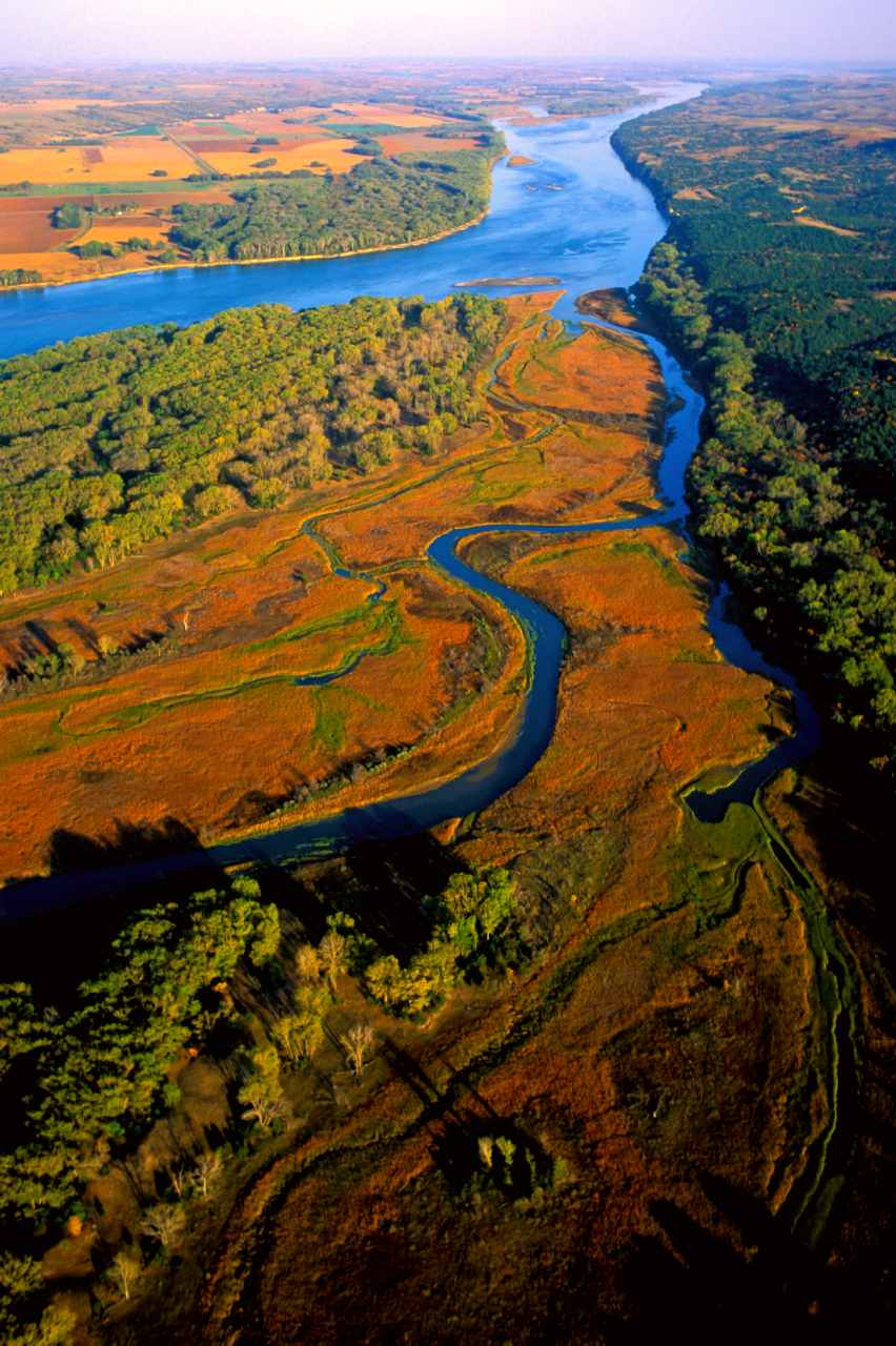 Aerial view of the Missouri River and surrounding landscape.