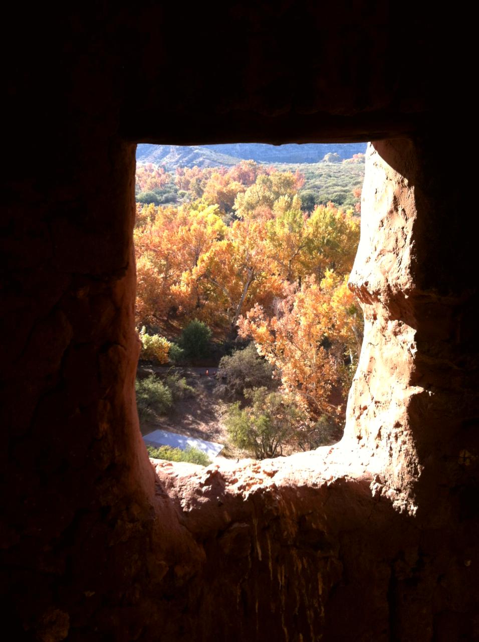 Sun shines on the window sill in a masonry wall; trees in fall color are seen outside the window.