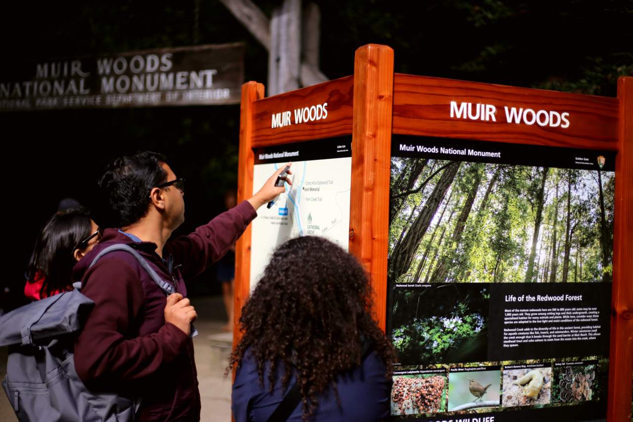 a visitor points to a sign that says muir woods