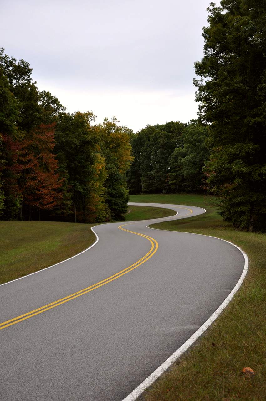 A slightly curvy section of the Natchez Trace Parkway in Early Fall