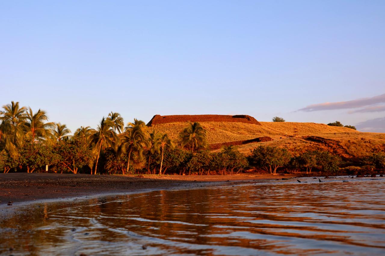 Heiau standing high above Pelekane Bay, as seen at sunset.
