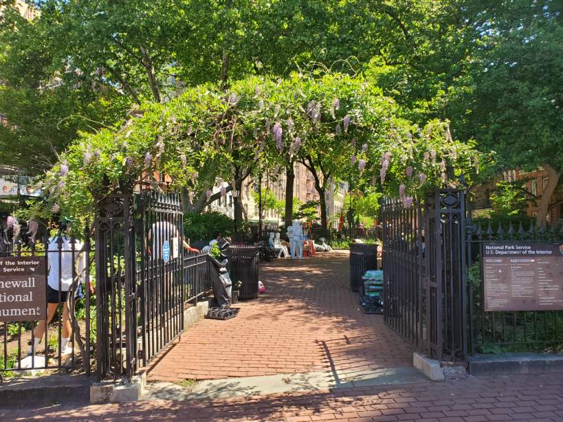 An open black fence gate with green plants blooming above it.