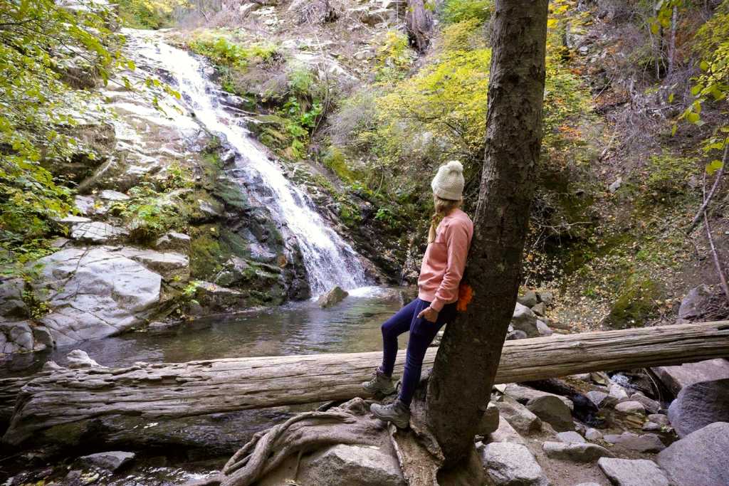 A woman looking at a cascade.