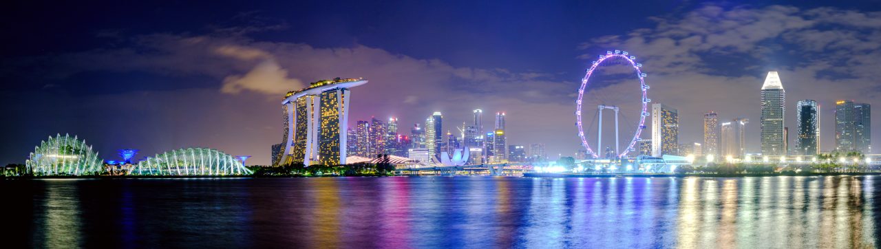 Skyline of Singapore featuring Gardens by the Bay, Marina Bay Sands and the Singapore Flyer within the Marina Bay area