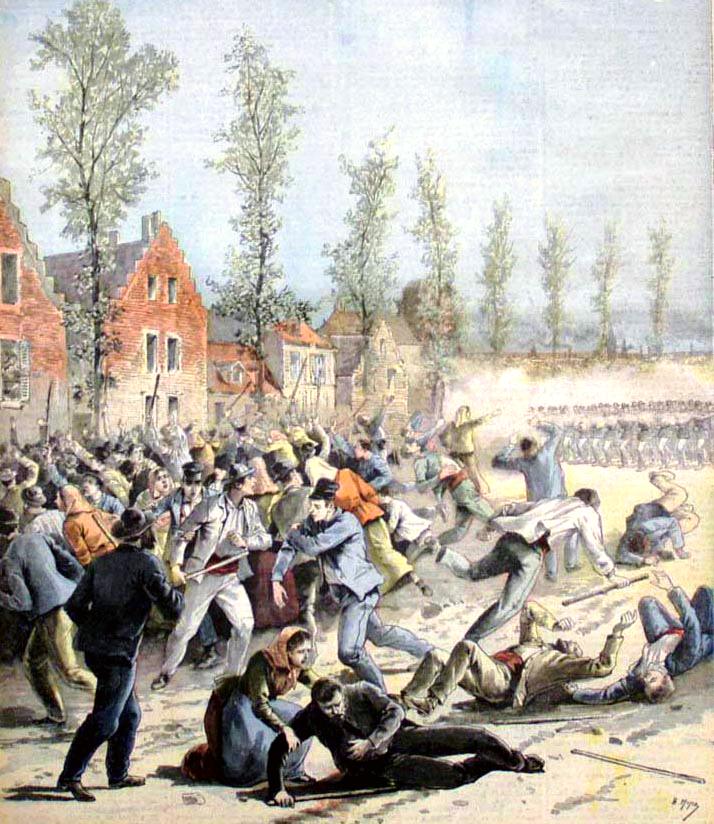 Troops of the paramilitary Garde Civique fire on strikers near Mons during the Belgian general strike of 1893 (Le Petit Journal, May 1893)