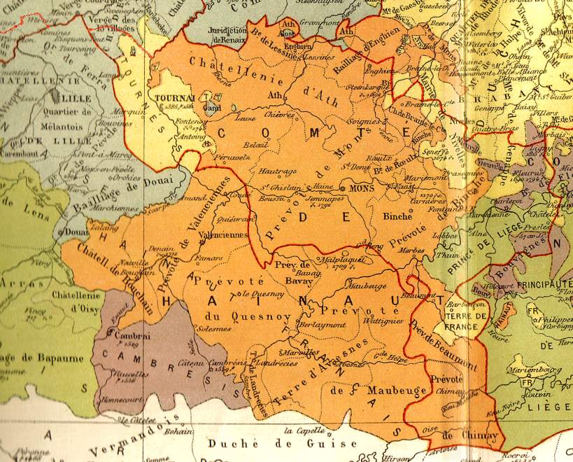 Historical map of the County of Hainaut, with in red the current French-Belgian border.