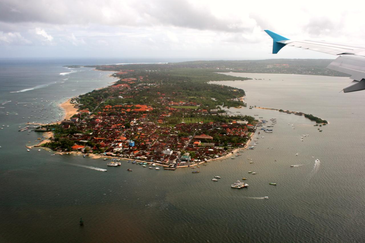 The peninsula of Tanjung Benoa, with the village of Benoa in the foreground and Nusa Dua in the background