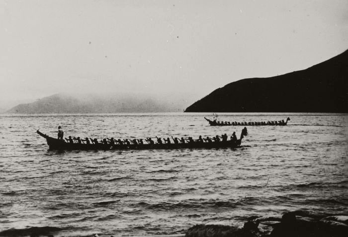 Batak canoes near Haranggaol on Lake Toba (circa 1920)
