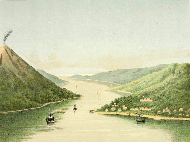 View of Bandanaira (lithograph based on a painting by Josias Cornelis Rappard, 1883–1889)