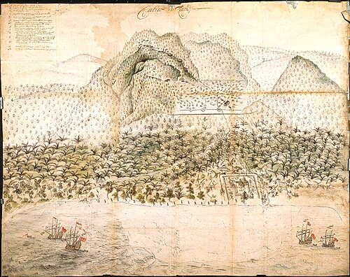 Dutch fort at Loki and Company troops in the interior, c. 1652