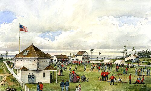 July 4, 1867, celebrated on San Juan Island. U.S. Army soldiers and Royal Marines mingle in the American Camp.