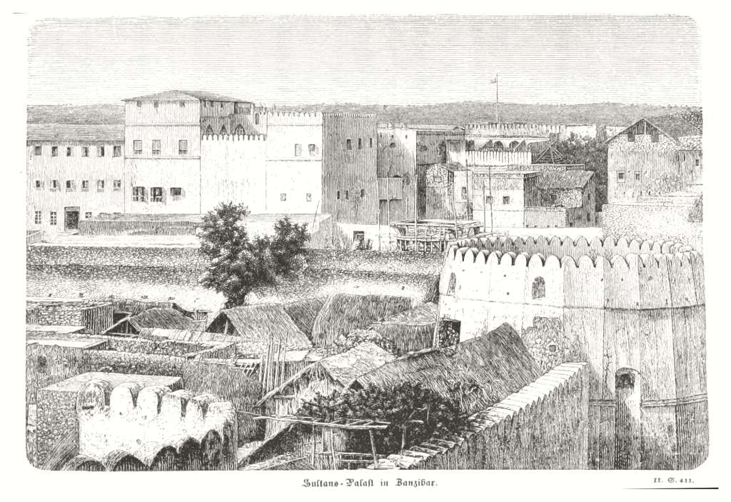 A sketch of Stone Town showing the old fort and palace from the year 1871 to the year 1875