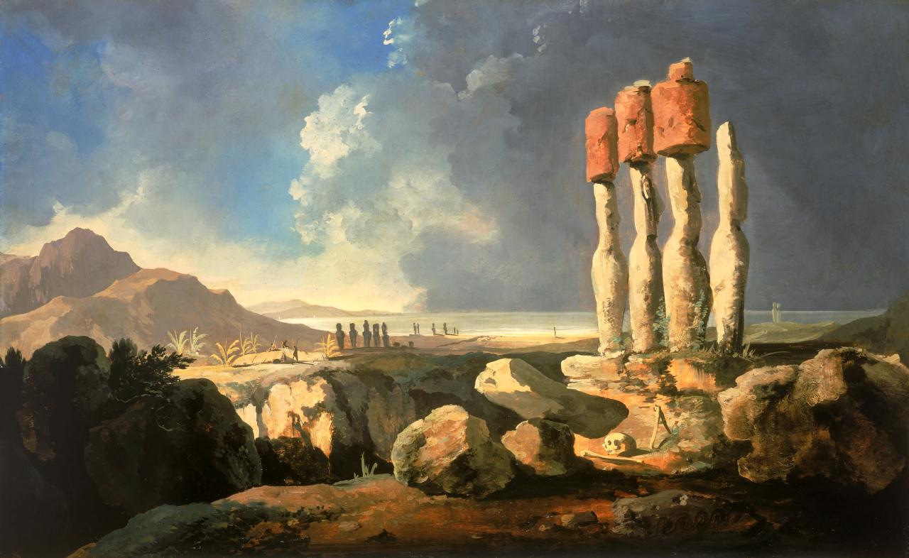 A View of the Monuments of Easter Island, Rapanui, c. 1775–1776 by William Hodges.[37]