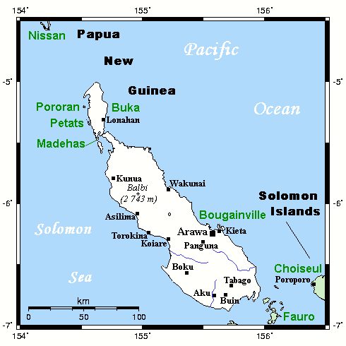 Buka Island is to the north of Bougainville Island