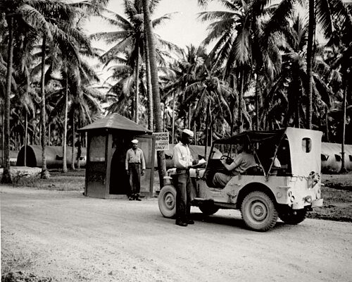 ID check at the entrance to the base during World War II
