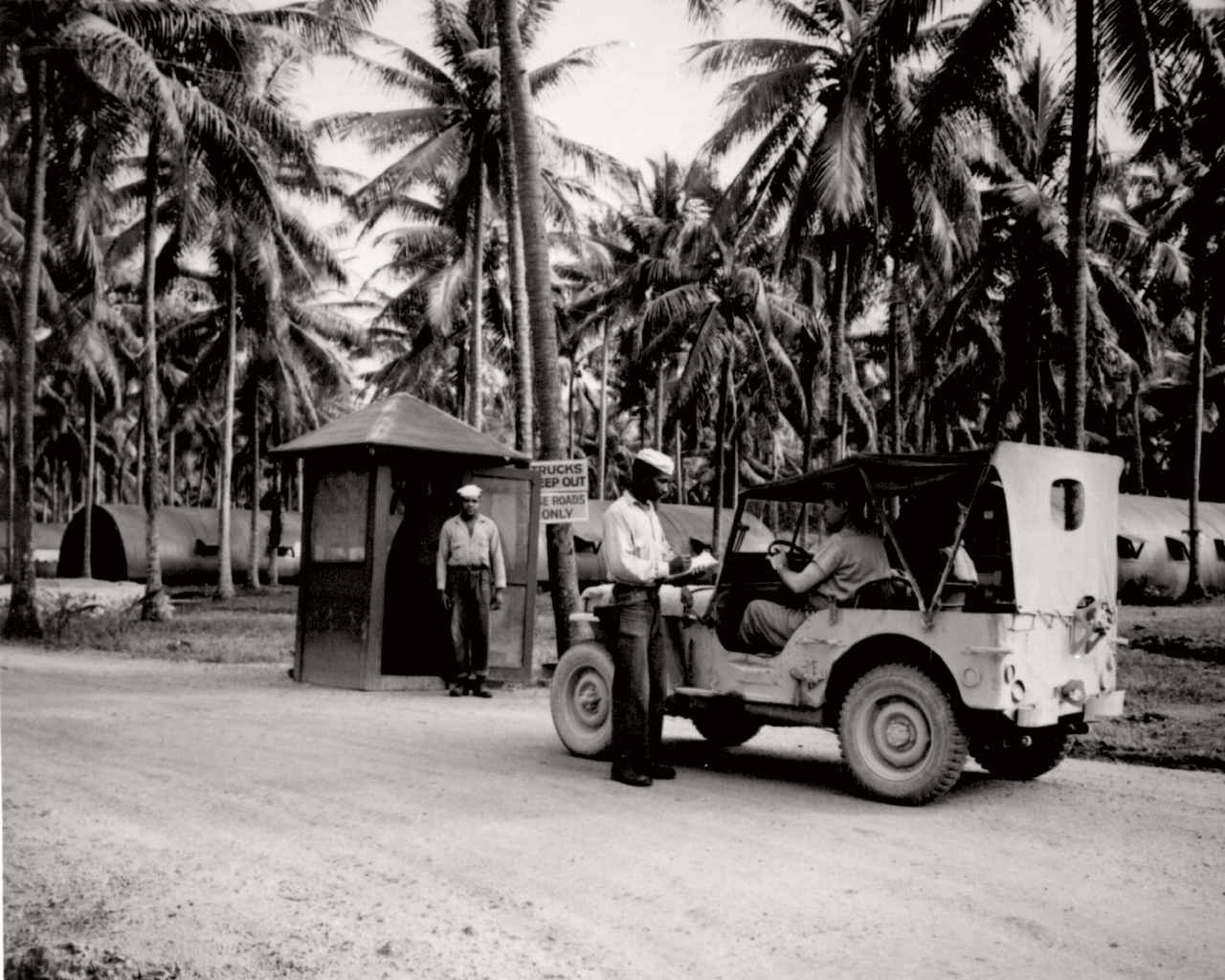 ID check at the entrance to the base during World War II