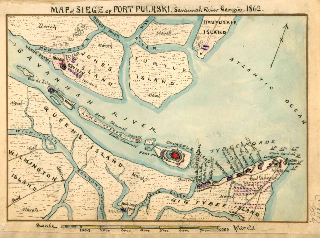 Robert K. Sneden map showing Union batteries on Tybee Island