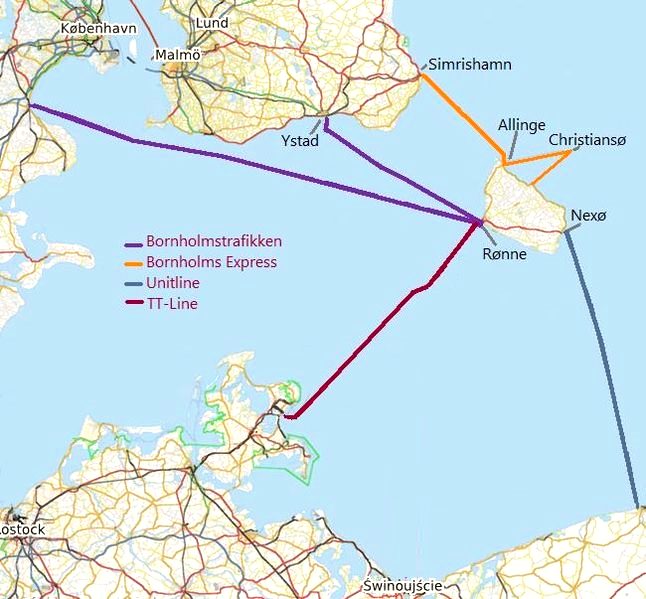 Ferry routes to and from Bornholm