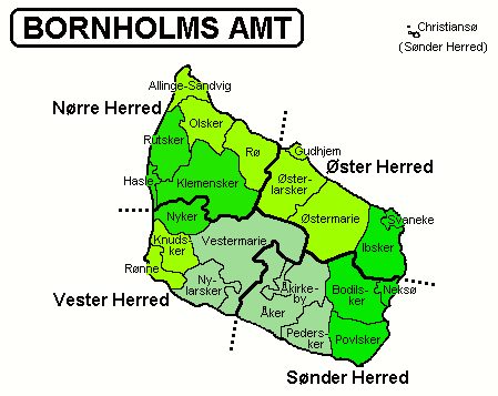 Bornholm and Christiansø hundreds and 5 municipalities (1970–2002) in green colour and 21 municipalities before 1 April 1970