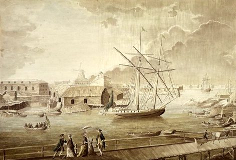 A pojama flying the blue naval ensign of the Swedish archipelago fleet in Artilleriviken (Tykistölahti); painting by Adolf Geete, 1760