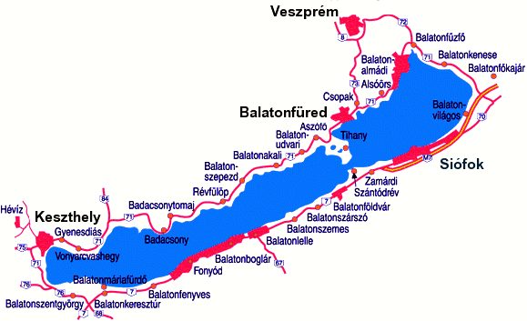 Towns and villages alongside Lake Balaton.