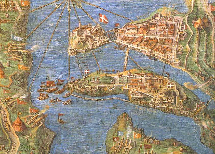 The Ottoman army bombs the Knights' Three Cities from the peninsula of Sciberras during the 1565 Great Siege.