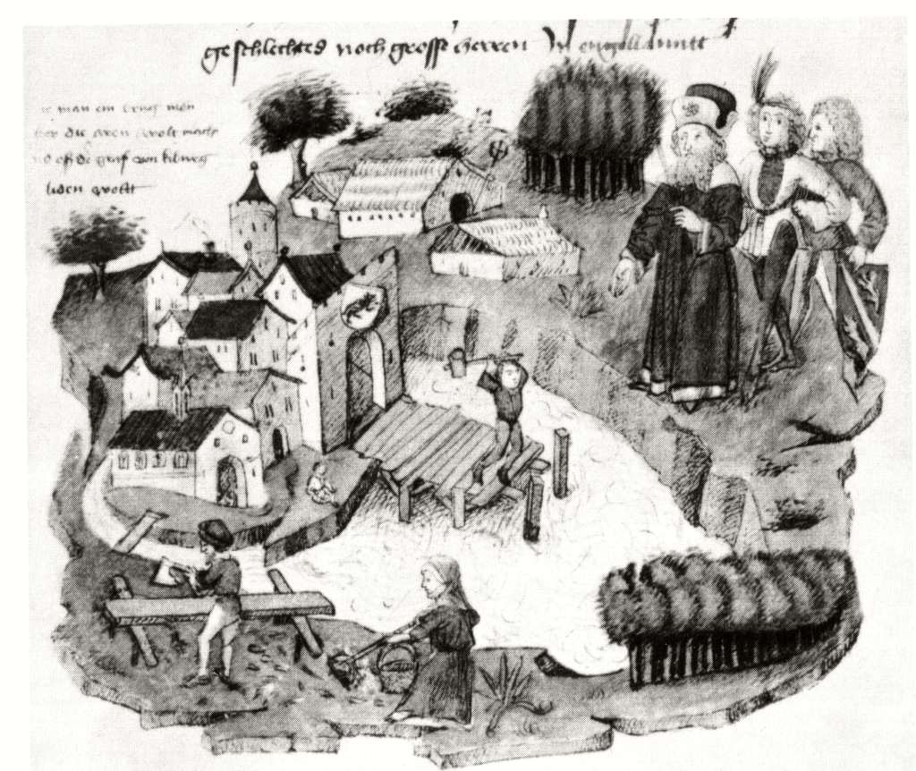 Construction of the Untertorbrücke (Lower Gate Bridge) in Bern, Tschachtlanchronik, late 15th century