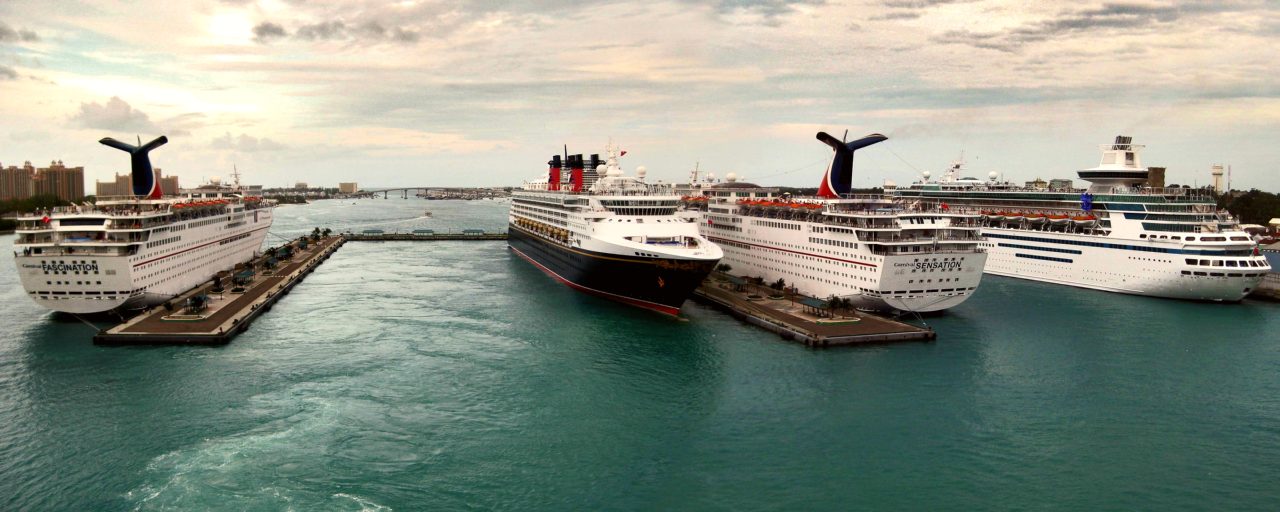 Prince George Wharf in Nassau Harbour. Ships from left to right are Carnival Fascination, Disney Magic, Carnival Sensation, and Majesty of the Seas.