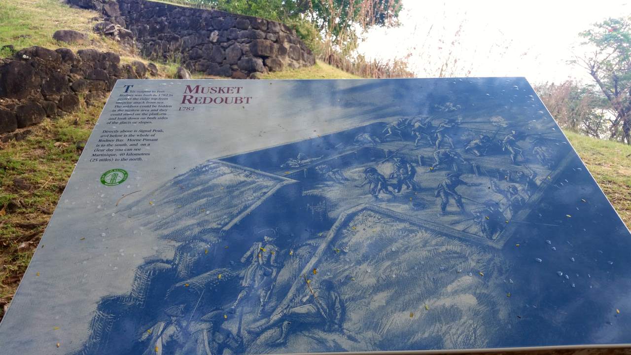 Pigeon Island historical marker for Fort Rodney's redoubt