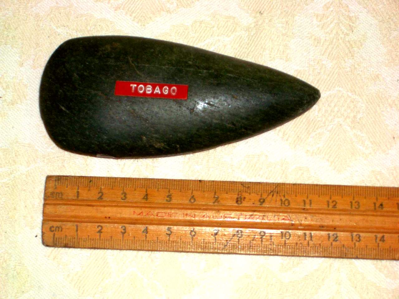 Greenstone ceremonial axe, from shell midden, Mount Irvine Bay, Tobago, 1957.