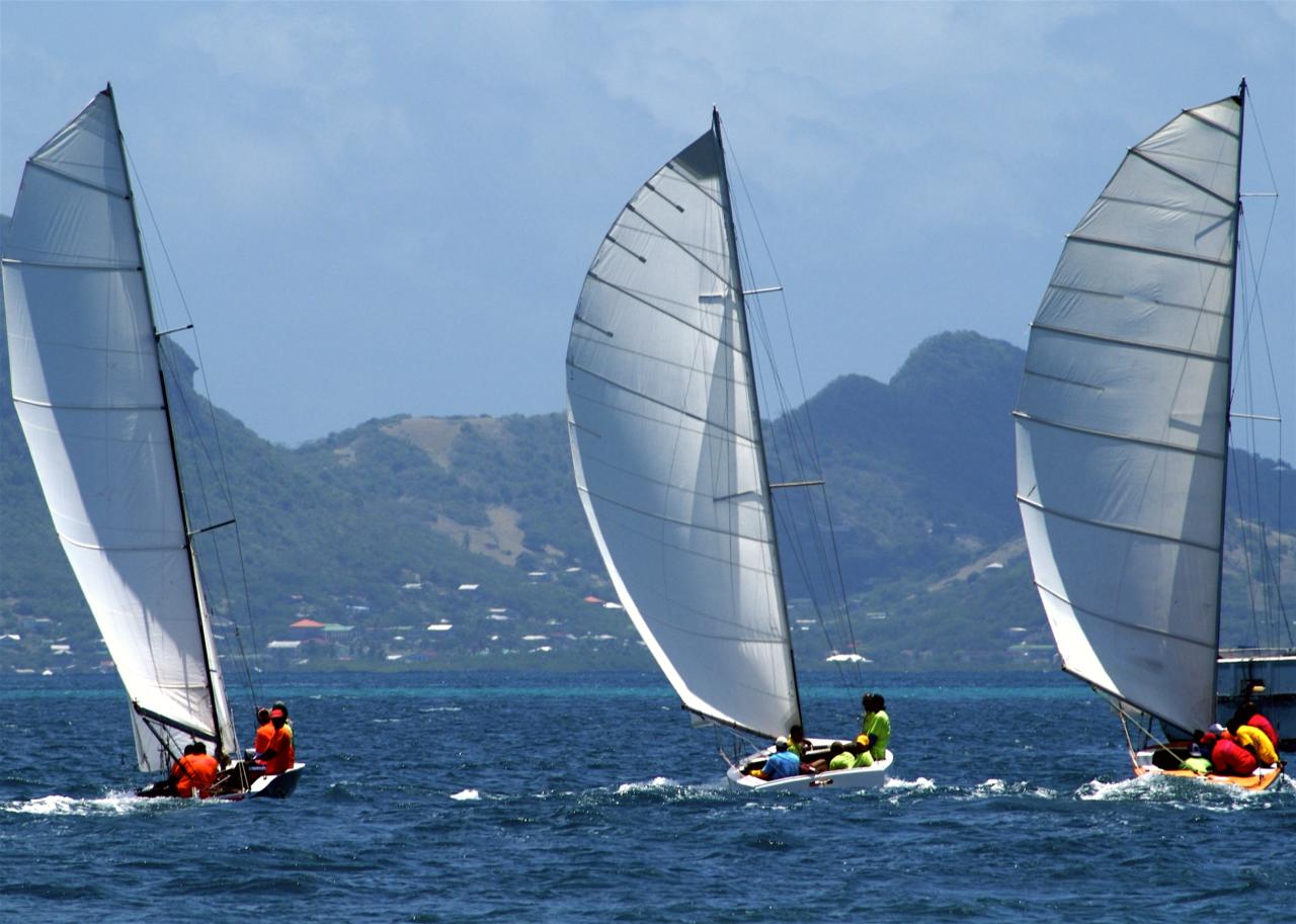 Local sailboats compete in regatta, Union Island in background