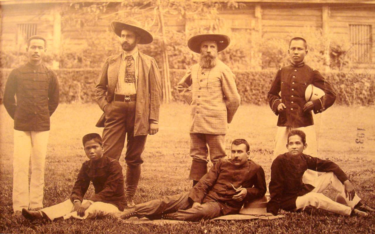 French civil servant Auguste Pavie (centre) and Pierre Lefèvre-Pontalis in 1893 with Cambodian interpreters