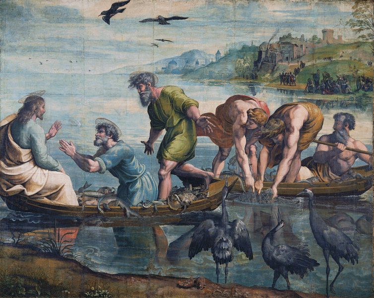 Jesus and the miraculous catch of fish, in the Sea of Galilee. Many people in Roman-era Galilee were fishermen.[25]