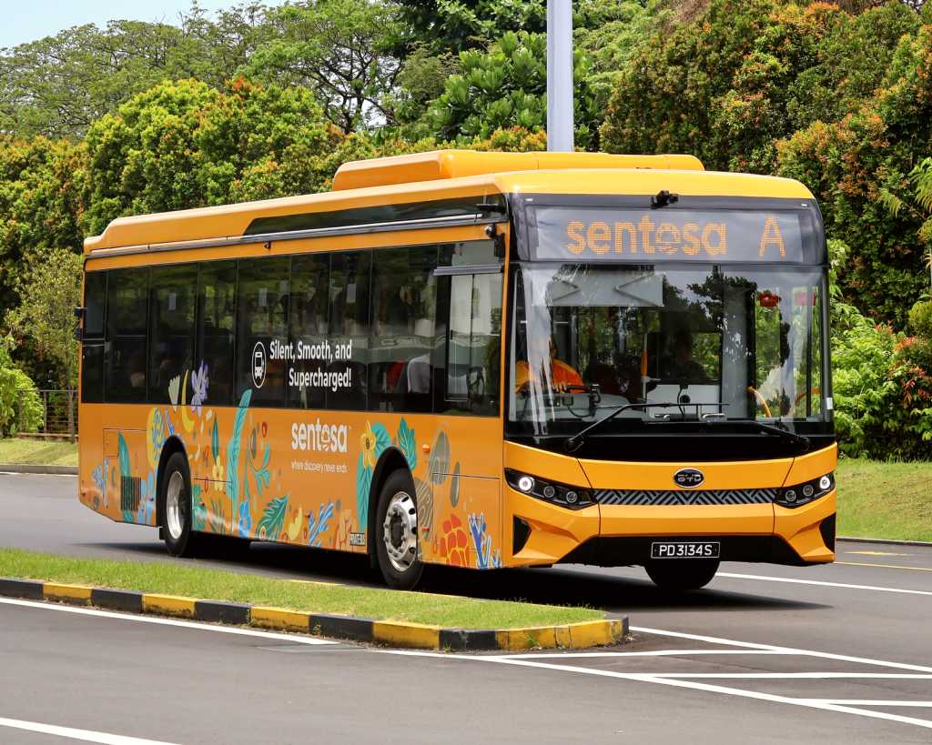 A BYD BC12A04 on Sentosa bus service A at Beach Station Bus Terminal in 2026.
