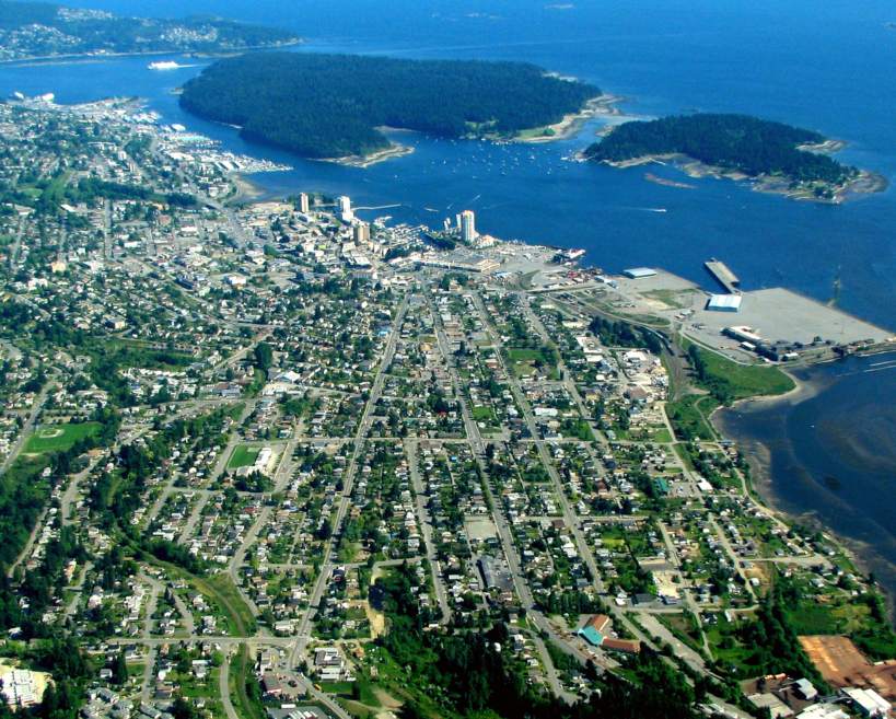 Aerial photo of downtown and central Nanaimo and adjacent islands