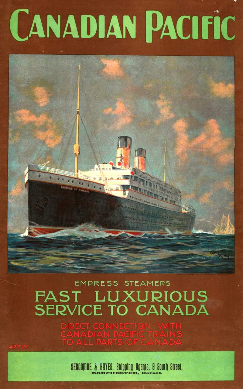 Canadian Pacific poster advertising travel from the UK to Canada by ship, 1920