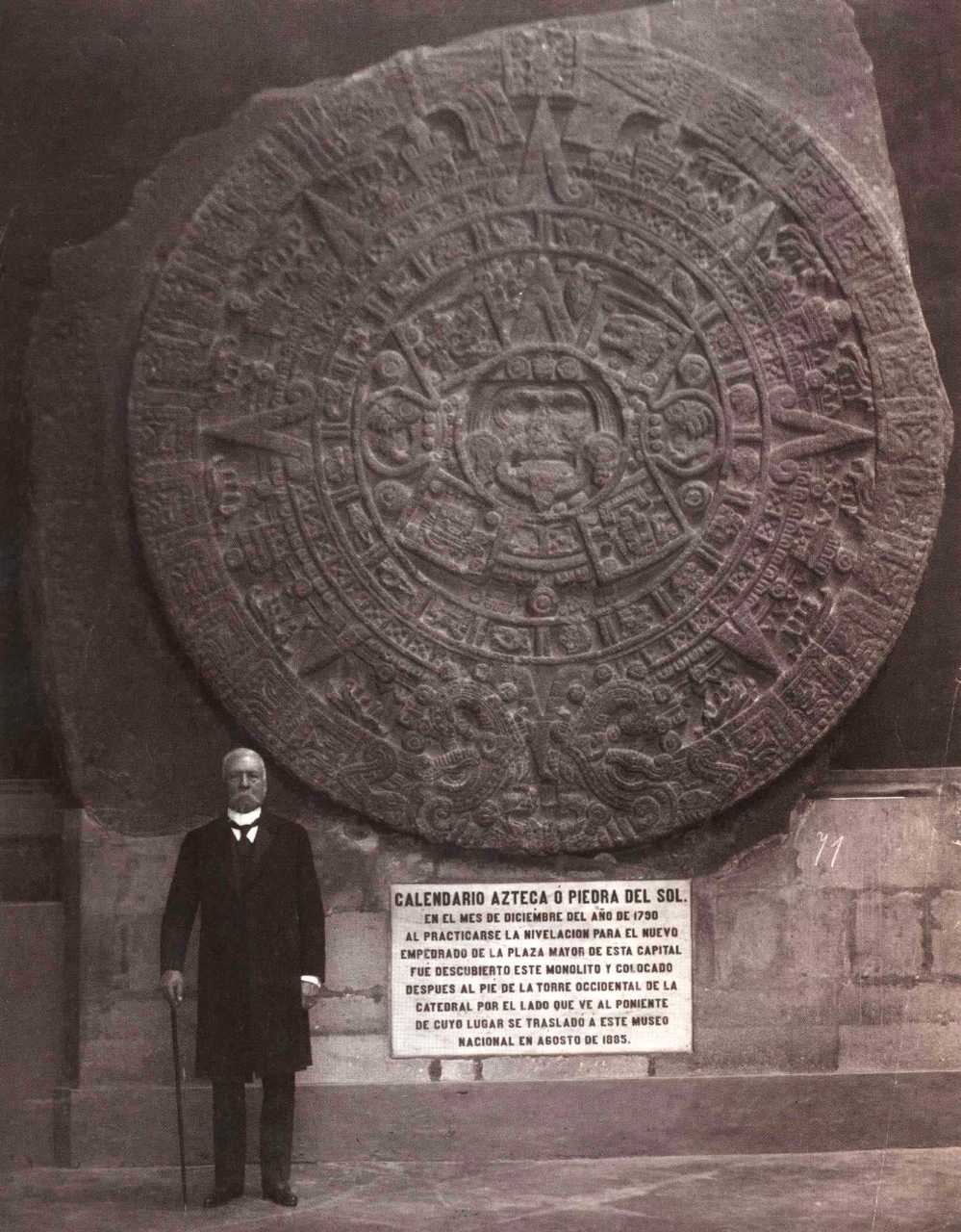 Porfirio Díaz in 1910 at the National Museum of Anthropology with the Aztec Calendar Stone. The regime appropriated the indigenous past for patriotic and state purposes, including promoting tourism