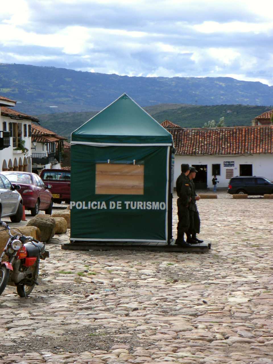 Tourism Police, a unit of the Colombian National Police deployed to tourist areas to improve security. Here in the town of Villa de Leyva.