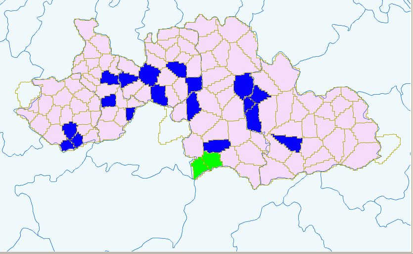 Ethnic townships in South Sichuan: Yibin and Luzhou. Light green = Yi; Blue = Miao.