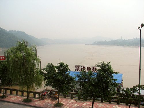 The Yangtze at the confluence of the Min and Jinsha Rivers. Below Yibin, the Yangtze is known in Chinese as Chang Jiang or the "Long River". Above Yibin, the Yangtze is known as the Jinsha or Gold Sands River.