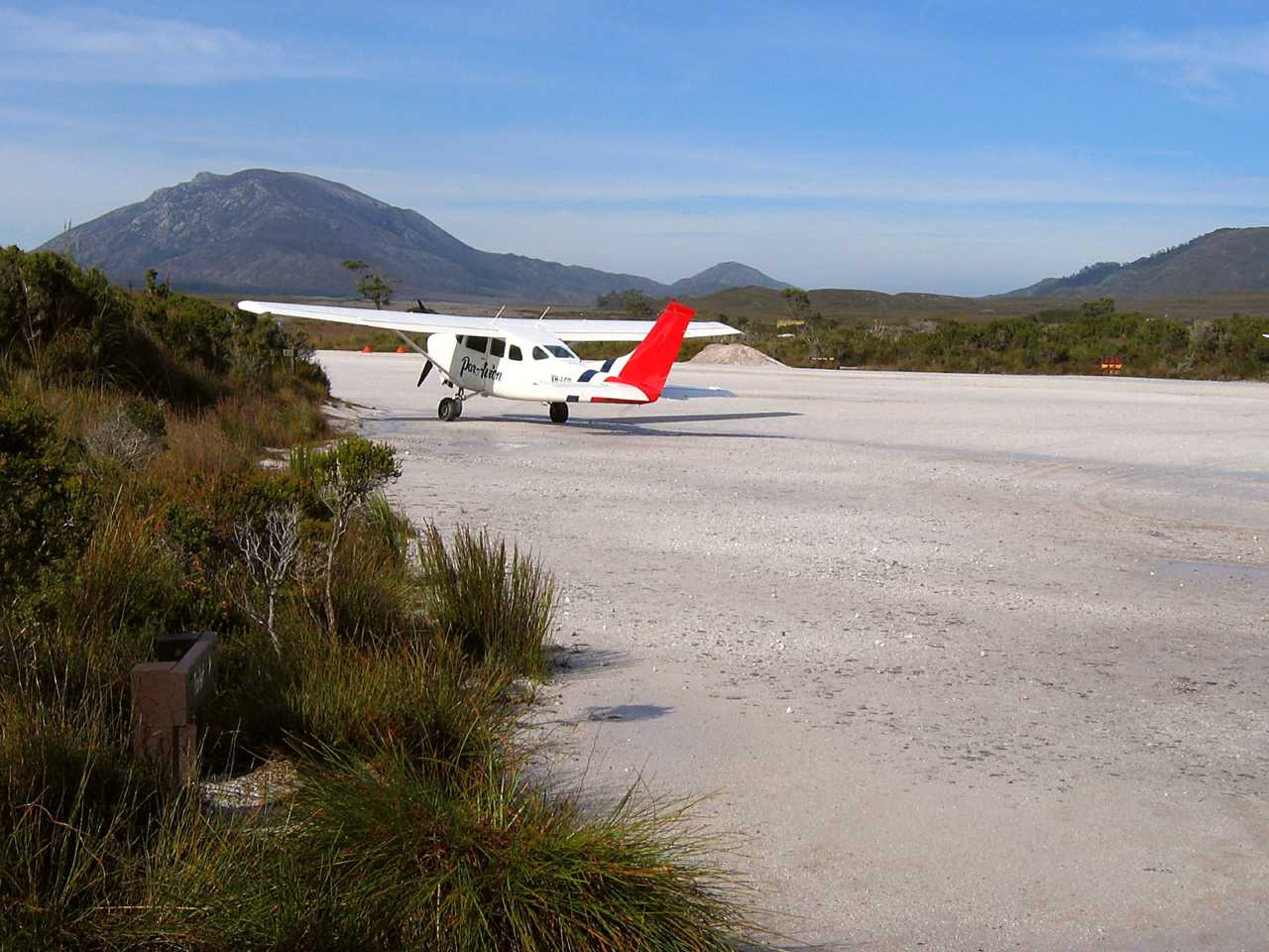 A tourist plane prepares for take-off from the Melaleuca Airstrip in the South West Wilderness of Tasmania
