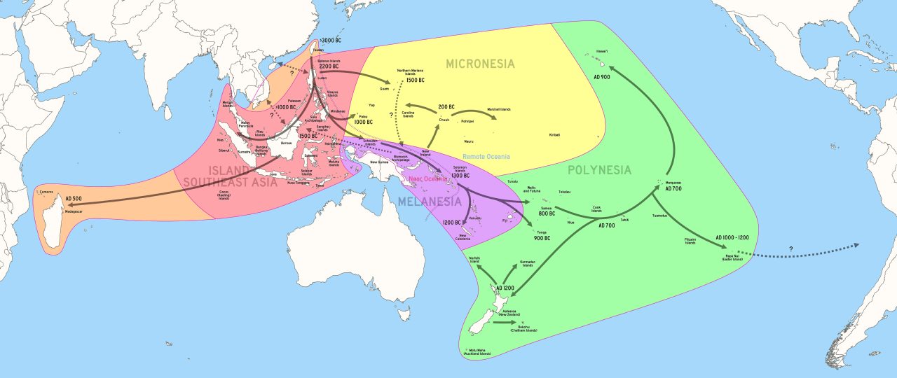 Map showing the migration and expansion of the Austronesians, beginning c. 3000 BC from Taiwan