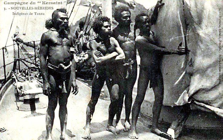 Tanna men on a boat, c. 1905