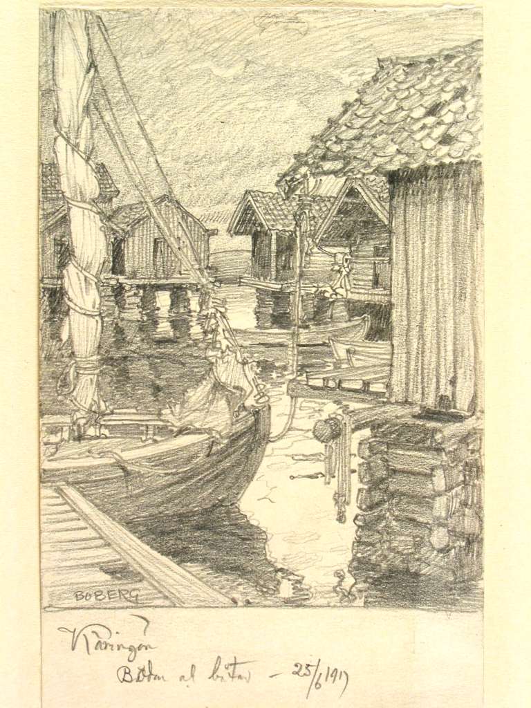 Small fishing huts on Käringön in the Bohuslän archipelago. Drawn by Ferdinand Boberg in 1917.