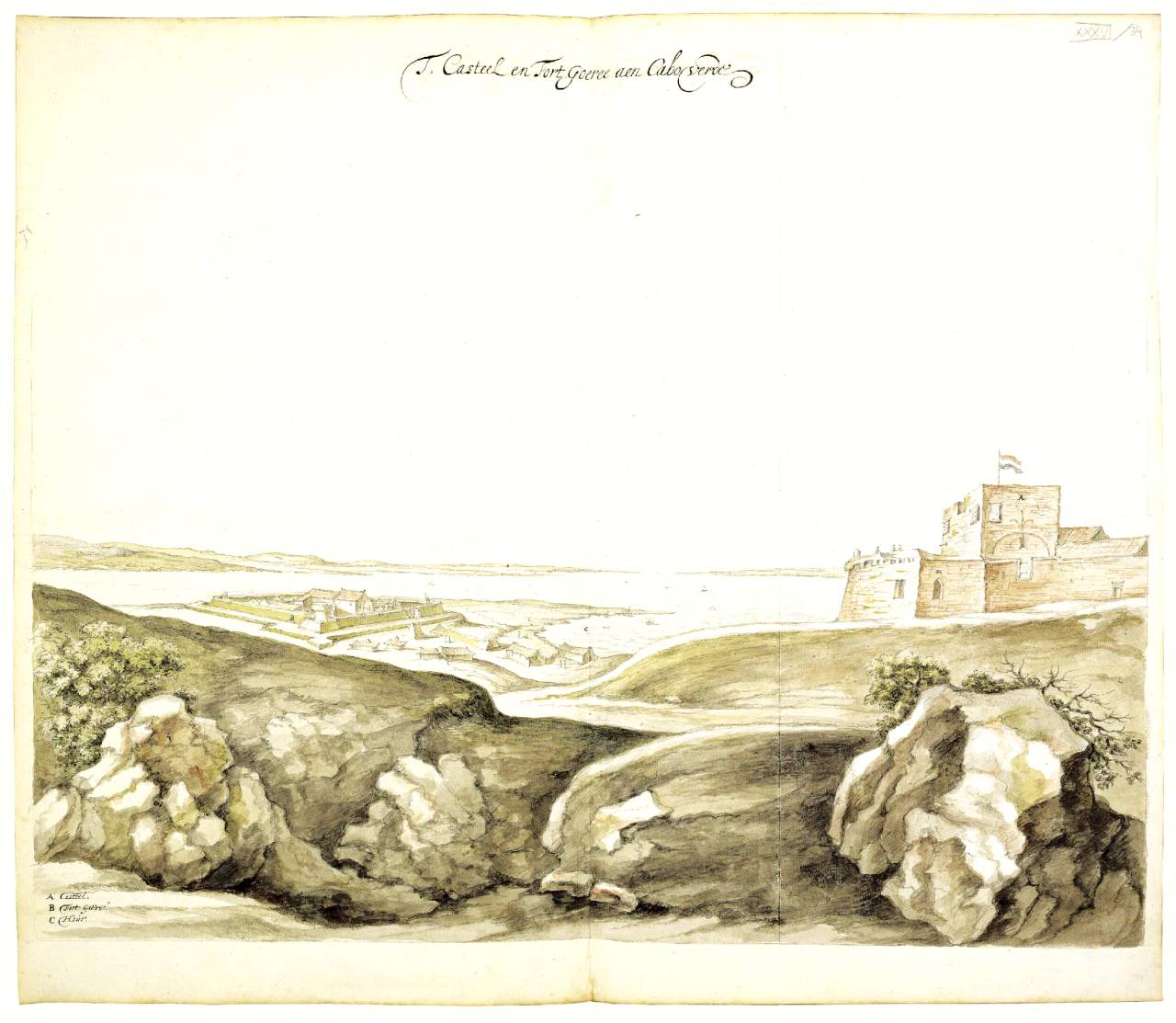 Drawing of the castle, fort and harbor of Gorée from the Atlas Blaeu-Van der Hem.